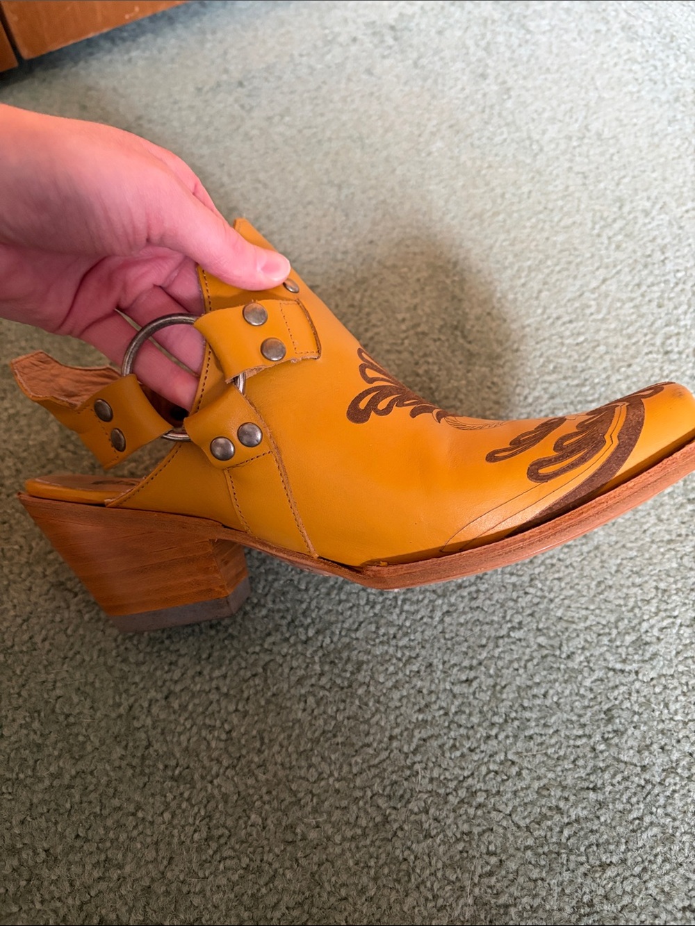 John Fluevog Mustard Leather Floral-Tooled Mule Clogs with Buckle - Picture 5 of 6